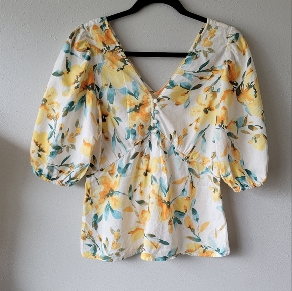 GAP Linen Blend Yellow Watercolor Floral Peplum Puff Sleeve Top sz Small Tall - Picture 5 of 7